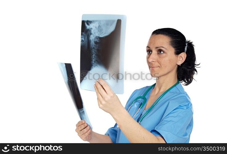 Woman doctor with radiography a over white background