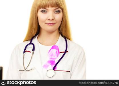 Woman doctor with stethoscope and pink ribbon aids symbol on chest. Healthcare, medicine breast cancer awareness concept.