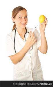 woman doctor with syringe and lemon