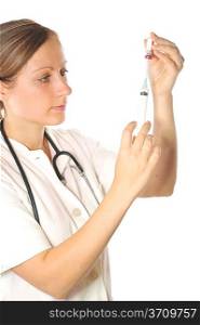 woman doctor with syringe getting vaccine from ampoule
