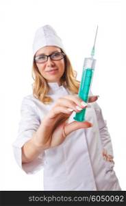 Woman doctor with syringe on white
