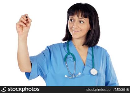 Woman doctor writing a over white background