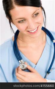 Woman doctor young medical nurse smiling brunette with stethoscope