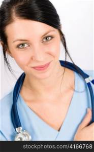 Woman doctor young medical nurse smiling brunette with stethoscope