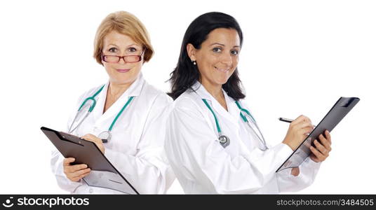 Woman doctors writing a over white background