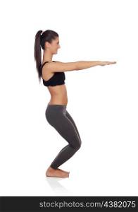 Woman doing exercises isolated on a white background