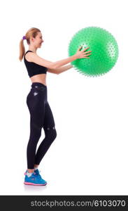 Woman doing exercises with ball on white