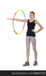 Woman doing exercises with hula hoop
