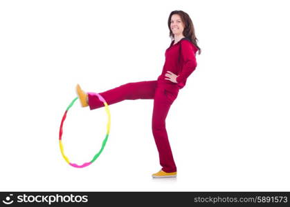 Woman doing exercises with hula hoop