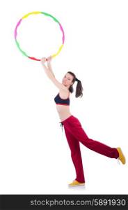 Woman doing exercises with hula hoop