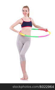 Woman doing exercises with hula hoop