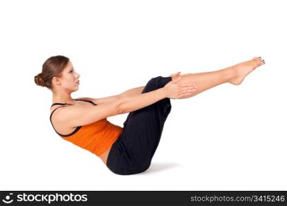 Woman doing first stage of yoga exercise called: Boat Pose, sanskrit name: Navasana, isolated on white background