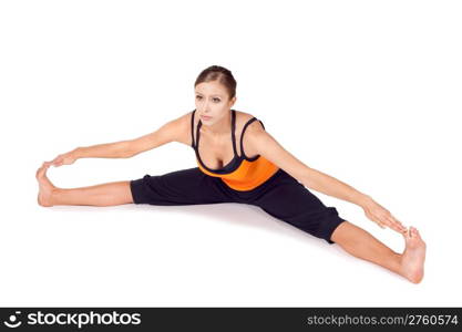Woman doing first stage of yoga exercise called Seated Wide Angle Pose, sanskrit name: Upavista Konasana, this pose frees spine and hip joints, relieves sciatica, improves circulation in pelvic region, isolated on white