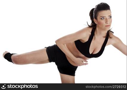 Woman doing fitness exercise in home over white background