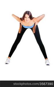 woman doing forward bending exercise on white background