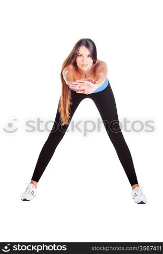 woman doing forward bending gym exercise on white background