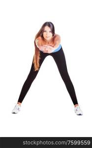 woman doing forward bending gym exercise on white background