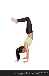 Woman doing handstand isolated on white background
