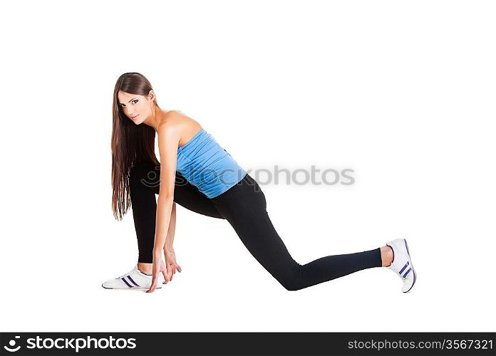 woman doing her gym exercise on stetching on white background