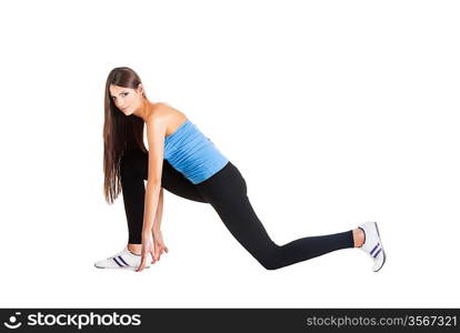 woman doing her gym exercise on stetching on white background