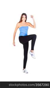 woman doing her gym exercise with one leg up on white background