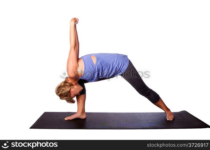 Woman doing Humble Warrior pose during relaxing meditation Yoga exercise for mental health, isolated.