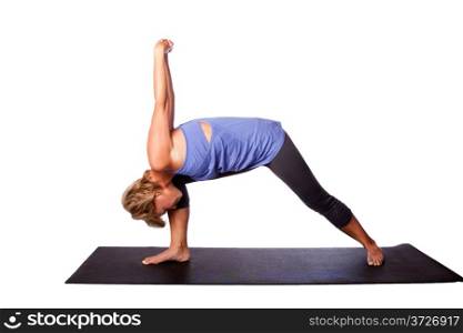 Woman doing Humble Warrior pose during relaxing meditation Yoga exercise for mental health, isolated.