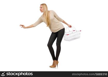 Woman doing shopping in supermarket isolated on white