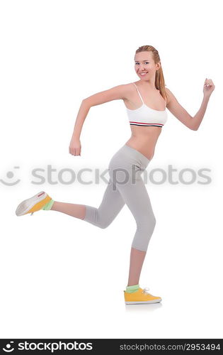 Woman doing sport exercises isolated on white