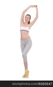 Woman doing sport exercises isolated on white