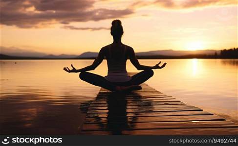 Woman doing yoga at sunset near the river