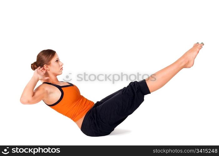 Woman doing yoga exercise called: Boat Pose, sanskrit name: Navasana, isolated on white background