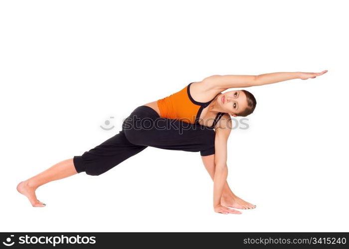 Woman doing yoga exercise called: Revolved Side Angle Pose, sanskrit name: Parivrtta Parsvakonasana, isolated on white background