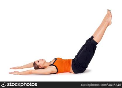Woman doing yoga exercise called: Upward Extended Feet Pose, sanskrit name: Urdhva Prasarita Padasana, isolated on white background