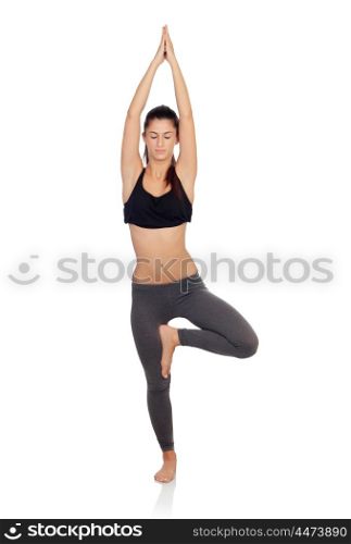Woman doing yoga exercises isolated on a white background
