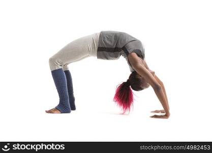 Woman doing yoga indoors isolated on white background