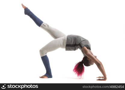 Woman doing yoga indoors isolated on white background