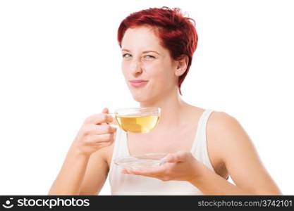 woman dont like the tea. woman disgusted from the tea on white background