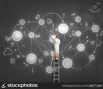 Woman drawing on wall. Rear view of woman standing on ladder and drawing life concepts on wall