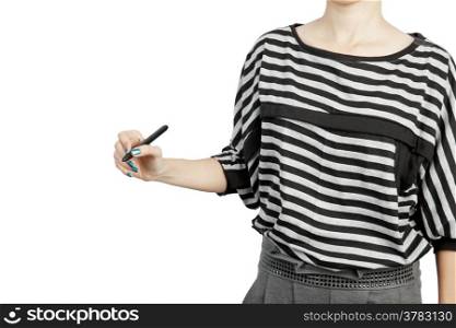 woman drawing or writing on white background