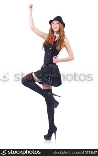 Woman dressed as gangster isolated on white