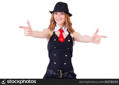 Woman dressed as gangster isolated on white