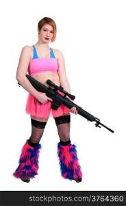 Woman dressed to go to a rave dance party with gun