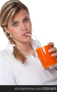 Woman drinking carrot juice on white background