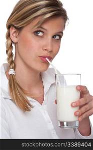 Woman drinking milk on white background
