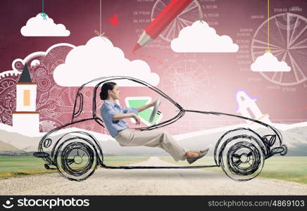 Woman driving old styled drawn car. Young humorous woman driving drawn funny car