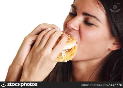 woman eat burger isolated on white background