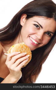 woman eat burger isolated on white background