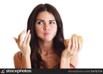 woman eat burger isolated on white background