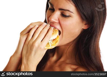 woman eat burger isolated on white background